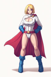Rule 34 | 1girl, absurdres, belt, blonde hair, blue eyes, blue footwear, blue gloves, boots, breasts, cleavage, cleavage cutout, closed mouth, clothing cutout, dc comics, full body, gloves, highres, large breasts, leotard, looking at viewer, power girl, simple background, solo, standing, superhero costume, tff, white background, white leotard
