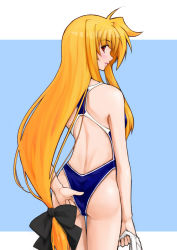 Rule 34 | 00s, 1girl, adjusting clothes, adjusting swimsuit, ass, blonde hair, competition swimsuit, fate testarossa, long hair, looking back, low-tied long hair, lyrical nanoha, mahou shoujo lyrical nanoha, mahou shoujo lyrical nanoha strikers, one-piece swimsuit, red eyes, solo, swimsuit, xunipo