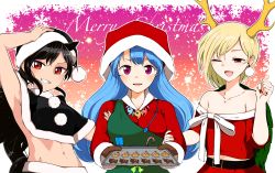 Rule 34 | 3girls, absurdres, animal ears, antlers, apron, belt, black capelet, black hair, black headwear, black santa costume, black tail, black wings, blonde hair, blue hair, blush, bow, candy, candy cane, capelet, chisel, collarbone, cookie, dragon girl, dragon horns, dragon tail, dress, earrings, english text, feathered wings, food, green apron, hand on headwear, haniwa (statue), haniyasushin keiki, happy, hat, highres, horns, horse ears, horse tail, jewelry, kaisenpurin, kicchou yachie, kurokoma saki, long hair, magatama, magatama necklace, merry christmas, midriff, midriff peek, mittens, multiple girls, navel, necklace, off shoulder, open mouth, pegasus wings, purple eyes, red dress, red eyes, red headwear, red shirt, red skirt, santa costume, santa hat, shirt, short hair, single strap, skirt, tail, touhou, tray, turtle shell, upper body, white bow, wily beast and weakest creature, wings