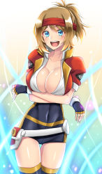 Rule 34 | 1girl, alternate costume, black gloves, black thighhighs, blonde hair, blue eyes, blush, breasts, cleavage, collarbone, cosplay, covered navel, creatures (company), crossed arms, female focus, fingerless gloves, game freak, gloves, gradient background, headband, highres, jacket, large breasts, looking at viewer, nintendo, open mouth, pokemon, pokemon ranger, pokemon xy, ponytail, red jacket, serena (pokemon), shirt, short hair, simple background, smile, solana (pokemon), solana (pokemon) (cosplay), solo, spandex, standing, takecha, teeth, thighhighs, white shirt