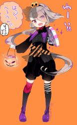 Rule 34 | 10s, 1boy, androgynous, asymmetrical legwear, boots, candy, eyes visible through hair, fang, food, full body, gloves, hair over one eye, halloween, ima-no-tsurugi, jack-o&#039;-lantern, kanro ame (ameko), kneehighs, lollipop, long hair, male focus, mismatched legwear, open mouth, personification, red eyes, silver hair, smile, socks, solo, striped clothes, striped socks, striped thighhighs, thighhighs, touken ranbu, translated, white gloves