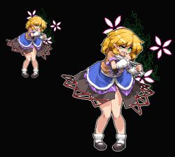 Rule 34 | 1girl, angry, arm warmers, bad id, bad twitter id, bent over, biting, black background, blonde hair, clenched teeth, danmaku, green eyes, jealous, knees together feet apart, mary janes, mizuhashi parsee, namako daibakuhatsu, pigeon-toed, pixel art, pointy ears, robe, scarf pull, shoes, short hair, skirt, socks, solo, teeth, thumb biting, touhou, uneven eyes, zoom layer