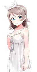 Rule 34 | 10s, 1girl, absurdres, arm at side, bad id, bad pixiv id, bare arms, bare shoulders, blue eyes, bow, breasts, brown hair, cleavage, clenched hands, cowboy shot, dress, frilled dress, frills, grey hair, hair bow, hair ribbon, hairband, hand on own chest, highres, light smile, looking at viewer, love live!, love live! school idol festival, love live! sunshine!!, medium breasts, parted lips, ribbon, short hair, simple background, sleeveless, sleeveless dress, solo, sundress, swept bangs, tareme, totoki86, watanabe you, white background, white dress, white ribbon