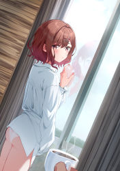 Rule 34 | 1boy, 1girl, absurdres, ass, blush, borrowed clothes, coffee, coffee mug, cowboy shot, cup, curtains, dutch angle, expressionless, hair ornament, hairclip, hairpin, hand on window, highres, higuchi madoka, holding, holding cup, idolmaster, idolmaster shiny colors, indoors, looking at viewer, looking back, mole, mole under eye, mug, no pants, nonbire, oversized clothes, panties, pov, pov hands, producer (idolmaster), red eyes, reflection, shirt, short hair, sideways glance, underwear, wavy hair, white panties, white shirt, window