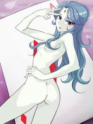 Rule 34 | 1girl, ace (playing card), ace of diamonds, ass, bad id, bad pixiv id, blue hair, blush, breasts, capelet, card, colored skin, cowboy shot, diamond (shape), eyeshadow, forehead jewel, from behind, fushoku, hair censor, hand on own hip, long hair, looking back, majokko megu-chan, makeup, non gou, nude, pale skin, parted lips, playing card, skinny, small breasts, solo, twisted torso, v