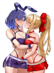 Rule 34 | 2girls, after kiss, animal ears, arm around back, armband, bare shoulders, belt, belt chain, blonde hair, bow, breasts, chain, choker, cleavage, commentary request, cosplay, cross-laced slit, crotch grab, fake animal ears, gold chain, hair bow, hair intakes, highres, hug, kiss, large breasts, long hair, looking at another, medium breasts, multiple girls, navel, o-ring, o-ring belt, open mouth, original, pink eyes, ponytail, purple eyes, purple hair, purple shorts, pussy juice, red armband, red bow, red choker, red shorts, saliva, saliva trail, short hair, shorts, simple background, smile, stomach, t3x, tongue, tongue out, very long hair, white background, yuri