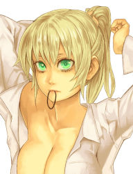 Rule 34 | 1girl, adjusting hair, aqua eyes, bags under eyes, blonde hair, breasts, cleavage, hairdressing, large breasts, lips, lipstick, makeup, mouth hold, mustard seeds, original, ponytail, shirt, solo, upper body, yuuji (and)