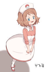 Rule 34 | 1girl, absurdres, apron, blue eyes, blush, boogerkim, brown hair, collarbone, cosplay, creatures (company), dress, eyelashes, game freak, hat, highres, joy (pokemon), joy (pokemon) (cosplay), korean text, mary janes, nintendo, nurse, nurse cap, open mouth, pantyhose, pink dress, pink footwear, pokemon, pokemon (anime), pokemon xy (anime), serena (pokemon), shoes, short hair, solo, translation request, white apron, white pantyhose