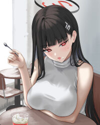 Rule 34 | 1girl, black hair, blue archive, breasts, chair, food, food on face, hair ornament, hairpin, halo, highres, holding, holding spoon, large breasts, long hair, open mouth, red eyes, ringed eyes, rio (blue archive), sleeveless, sleeveless sweater, solo, spoon, sweater, table, white sweater, yatsuka mirin