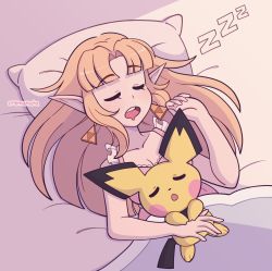 Rule 34 | 1girl, bed, blonde hair, blunt bangs, breasts, camisole, closed eyes, creatures (company), cremanata, drooling, earrings, game freak, gen 2 pokemon, highres, jewelry, long hair, looking at viewer, mouth drool, nintendo, open mouth, parted bangs, pichu, pointy ears, pokemon, pokemon (creature), princess zelda, simple background, sleeping, super smash bros., teeth, the legend of zelda, the legend of zelda: a link between worlds, upper teeth only