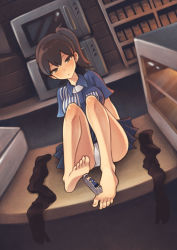 Rule 34 | 10s, 1girl, bare legs, barefoot, black thighhighs, blue shirt, blue skirt, breasts, brown eyes, brown hair, cigarette pack, collared shirt, convenience store, counter, dorsiflexion, dutch angle, employee uniform, expressionless, feet, feet on toy, full body, highres, holding with feet, indoors, kaga (kancolle), kantai collection, knees up, large breasts, lawson, unworn legwear, long hair, looking at viewer, matching hair/eyes, microwave, nishikasai munieru, panties, pantyshot, pleated skirt, ponytail, shirt, shop, short sleeves, side ponytail, sitting, skirt, unworn socks, soles, solo, striped, thighhighs, unworn thighhighs, toes, tsurime, underwear, uniform, vertical stripes, white panties