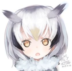 Rule 34 | 10s, 1girl, 2017, :o, black hair, blonde hair, brown eyes, capriccio, collar, dated, dot nose, eyelashes, fur collar, gradient hair, grey hair, kemono friends, looking at viewer, multicolored hair, northern white-faced owl (kemono friends), open mouth, portrait, shiny skin, short hair, signature, simple background, solo, tsurime, white background, white hair