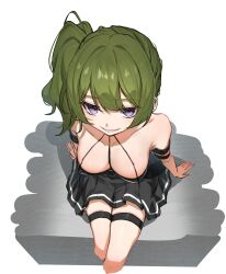 Rule 34 | 1girl, absurdres, arm strap, arm support, black dress, breasts, cleavage, commentary, cropped legs, dress, from above, green hair, highres, jitome, large breasts, long hair, mo (mo80 rr), parted lips, pleated dress, purple hair, side ponytail, sitting, solo, sousou no frieren, thigh strap, thighs, ubel (sousou no frieren)