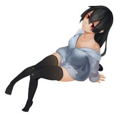 Rule 34 | 10s, 1girl, 3four, akame (akame ga kill!), akame ga kill!, black hair, black thighhighs, breasts, cleavage, downblouse, from above, knees together feet apart, long hair, off shoulder, red eyes, shirt, sitting, smile, solo, thighhighs, white background