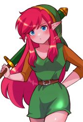 Rule 34 | 1girl, ahoge, belt, blue eyes, blush, boots, breasts, brown belt, brown sleeves, closed mouth, collarbone, dot nose, elf, expressionless, floating hair, genderswap, genderswap (mtf), green hat, green tunic, hand on own ass, hat, highres, holding, holding sword, holding weapon, link (shounen captain), long bangs, long hair, long sleeves, looking at viewer, medium breasts, nintendo, nonoworks, parted bangs, pink hair, pointy ears, shiny skin, sidelocks, signature, simple background, sleeves past elbows, solo, sword, the legend of zelda, the legend of zelda (nes), tunic, v-shaped eyebrows, very long hair, watermark, weapon, white background