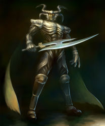Rule 34 | 1990s (style), armor, cape, darkness, final fantasy, final fantasy viii, full body, highres, horns, htanjo, monster, no humans, odin (final fantasy), solo, sword, weapon, yellow eyes