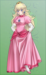 Rule 34 | 1girl, bad id, bad pixiv id, blonde hair, blue eyes, blush, breasts, clothes lift, crown, dress, dress lift, earrings, elbow gloves, female focus, full body, gloves, highres, jewelry, long hair, mario (series), nintendo, pantyhose, pink dress, princess peach, skirt hold, solo, tamamon, very long hair, white pantyhose