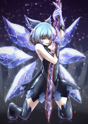 Rule 34 | &gt;:), 1girl, bare shoulders, black dress, black gloves, black thighhighs, blue bow, blue eyes, blue hair, bow, cirno, crystal sword, dark persona, dress, evil smile, full body, gloves, hair bow, highres, ice, ice wings, inyuppo, kneeling, latex, latex dress, latex gloves, looking at viewer, parted lips, shiny clothes, short hair, sleeveless, sleeveless dress, smile, solo, sword, thighhighs, touhou, v-shaped eyebrows, weapon, wings