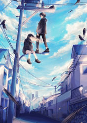 Rule 34 | 1boy, 1girl, absurdres, bird, black eyes, black hair, crow, day, falling feathers, feathers, highres, hood, hoodie, isa yuuri, long hair, looking back, original, outdoors, oversized clothes, power lines, shoes, short hair, sitting, sky, sneakers, town, utility pole, wind
