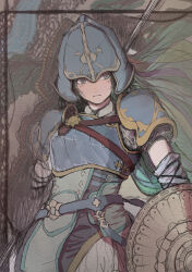 Rule 34 | 1girl, 3:, aqua hair, armor, blue armor, blue headwear, breastplate, bright pupils, closed mouth, fire emblem, fire emblem: path of radiance, fire emblem: radiant dawn, floating hair, frown, helmet, highres, holding, holding polearm, holding weapon, kitora (pixiv82957343), long hair, nephenee (fire emblem), nintendo, polearm, shield, shoulder armor, solo, weapon, white eyes, white pupils
