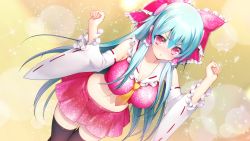 Rule 34 | 1girl, aqua hair, black thighhighs, blue hair, blush, bow, breasts, cleavage, detached sleeves, dutch angle, game cg, hair bow, hair ribbon, hougyou ilia, large breasts, legs, long hair, looking at viewer, midriff, navel, necktie, nitroplus, oosaki shin&#039;ya, pink eyes, pink skirt, raised eyebrows, ribbon, simple background, skirt, solo, standing, thighhighs, thighs, tokyo necro, wide sleeves