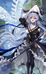 Rule 34 | 1girl, :d, animal, arknights, arm up, bird, black dress, black footwear, black headwear, blue sky, boots, breasts, brown pantyhose, building, cleavage, commentary request, day, dress, frilled dress, frills, grey hair, hair between eyes, highres, long hair, looking at viewer, maria (syake-uni), medium breasts, moss, open mouth, outdoors, pantyhose, red eyes, sky, smile, solo, specter (arknights), specter the unchained (arknights), spine, thigh boots, very long hair
