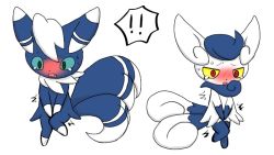 Rule 34 | !, !!, 1boy, 1girl, animal ears, between legs, blue hair, blue sclera, blush, colored sclera, creatures (company), embarrassed, fang, full body, furry, game freak, gen 6 pokemon, green eyes, hand between legs, have to pee, knees together feet apart, leg up, meowstic, meowstic (female), meowstic (male), multiple tails, nintendo, open mouth, own hands together, pokemon, pokemon (creature), pokemon xy, red eyes, seiya mesu, sexual dimorphism, simple background, standing, standing on one leg, sweat, tail, tears, trembling, two tails, v arms, white background, white hair, yellow sclera