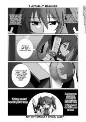 Rule 34 | 00s, 1girl, = =, comic, cross mirage, english text, gloves, greyscale, gun, hard-translated, holding, holding gun, holding weapon, jacket, lyrical nanoha, magical girl, mahou shoujo lyrical nanoha, mahou shoujo lyrical nanoha strikers, mikage takashi, monochrome, open clothes, open jacket, teana lanster, third-party edit, translated, trigger discipline, twintails, weapon