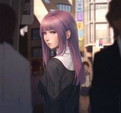Rule 34 | 1girl, asagami fujino, blurry, blurry background, blurry foreground, building, closed mouth, from behind, highres, kara no kyoukai, lips, long hair, looking at viewer, looking back, miura-n315, purple hair, red eyes, reien girl&#039;s academy school uniform, school uniform, solo focus