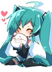 Rule 34 | 1girl, ahoge, aosaki yato, aqua hair, blush, boo (mario), boots, chibi, covering face, detached sleeves, closed eyes, ghost, hatsune miku, heart, highres, long hair, mario (series), necktie, nintendo, sitting, skirt, thigh boots, thighhighs, twintails, very long hair, vocaloid, wariza, wavy mouth, white background