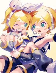 Rule 34 | 1boy, 1girl, aqua eyes, arm warmers, bare shoulders, black collar, black shorts, blonde hair, bow, collar, commentary, crop top, dated, grey collar, grey sleeves, grin, hair bow, hand to own mouth, hand up, happy birthday, headphones, headset, highres, kagamine len, kagamine rin, kakutou15, leg warmers, looking at another, neckerchief, one eye closed, open mouth, sailor collar, school uniform, shirt, short hair, short ponytail, short shorts, short sleeves, shorts, sitting, sitting on person, sleeveless, sleeveless shirt, smile, spiked hair, swept bangs, vocaloid, white bow, white shirt, yellow neckerchief