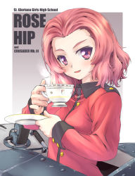 Rule 34 | 10s, 1girl, character name, crusader (tank), cup, girls und panzer, group name, highres, holding, holding cup, looking at viewer, mao (6r), military, military vehicle, motor vehicle, open mouth, red hair, rosehip (girls und panzer), saucer, school uniform, short hair, solo, tank, teacup, vehicle