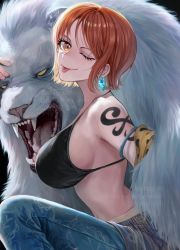 Rule 34 | 1girl, bare shoulders, bikini, bikini top only, black bikini, breasts, denim, earrings, eyelashes, highres, jeans, jewelry, large breasts, looking at viewer, nami (one piece), one eye closed, one piece, orange eyes, pants, short hair, shoulder tattoo, swimsuit, tattoo, tiger, tongue, tongue out, uhaty