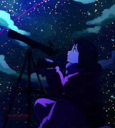 Rule 34 | 1girl, artist name, black hair, blue eyes, blue scarf, cloud, coat, from side, looking up, night, night sky, numyumy, original, profile, scarf, sitting, sky, solo, star (sky), starry sky, telescope, watermark, web address, winter clothes, winter coat