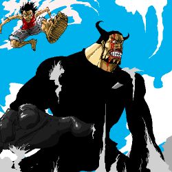 Rule 34 | 2boys, beard, black gloves, black hair, black shirt, blood, blue sky, blueno, clenched hand, clenched teeth, cloud, enies lobby, facial hair, fighting, formal, frown, gear second, glaring, gloves, jumping, lowres, male focus, monkey d. luffy, multiple boys, mustache, oekaki, one piece, pirate, sandals, scar, serious, shirt, sky, steam, suit, teeth