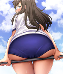 Rule 34 | 1girl, absurdres, asashio (kancolle), ass, blue buruma, blue eyes, blue sky, blush, brown hair, buruma, cameltoe, cloud, commentary request, day, embarrassed, from behind, gym shirt, gym uniform, highres, kantai collection, long hair, looking at viewer, looking back, outdoors, pantylines, shirt, sidelocks, sitting, sitting on bar, sky, solo, sweat, thighs, white shirt, zanntetu