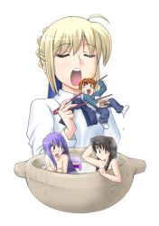 Rule 34 | 00s, 1boy, 4girls, artoria pendragon (all), artoria pendragon (fate), blonde hair, blouse, brown hair, closed eyes, crying, cup, eating, emiya shirou, fate/stay night, fate (series), giant, giantess, gts, in container, in cup, long hair, matou sakura, medusa (fate), medusa (rider) (fate), mini person, miniboy, minigirl, multiple girls, open mouth, purple hair, raglan sleeves, saber (fate), scared, shirt, short hair, simple background, size difference, soft vore, tears, tohsaka rin, vore, white background