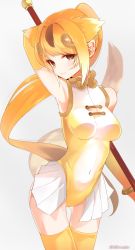 Rule 34 | 10s, 1girl, animal ears, arched back, armpits, bare shoulders, blonde hair, circlet, covered navel, cowboy shot, detached sleeves, elbow gloves, gloves, gluteal fold, golden snub-nosed monkey (kemono friends), high ponytail, highres, holding, holding staff, kemono friends, leotard, long hair, looking at viewer, monkey ears, monkey tail, multicolored hair, orange hair, ponytail, shirousa, simple background, solo, staff, tail, thighhighs, thighs, yellow gloves, yellow leotard