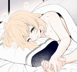 Rule 34 | ..., 1girl, 1other, artoria pendragon (all), artoria pendragon (fate), blanket, blonde hair, blush, breasts, cleavage, commentary request, fate/stay night, fate (series), green eyes, highres, holding hands, looking at viewer, lying, medium breasts, nude, on bed, on side, open mouth, pillow, pov across bed, saber (fate), solo focus, speech bubble, suzuakks, sweat, translation request, under covers, underwear