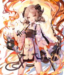 Rule 34 | 1girl, :d, absurdres, arknights, artist name, black choker, brown eyes, brown hair, chinese commentary, choker, commentary request, cowboy shot, dress, female focus, fire, hand up, highres, holding, horns, ifrit (arknights), long sleeves, looking at viewer, low twintails, open mouth, sheya, short hair, signature, smile, solo, standing, thighs, twintails, white background, white dress, wide sleeves, wristband