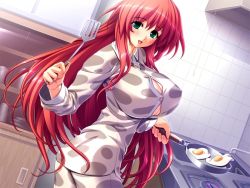 Rule 34 | 1girl, blush, breasts, cooking, cow print, egg, food, game cg, green eyes, gunner-l, harukaze yumari, huge breasts, indoors, large breasts, oppai baka, red hair, smile, solo