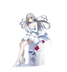 Rule 34 | 1girl, ankle bow, ankle ribbon, back bow, bare shoulders, blunt bangs, bouquet, bow, braid, bridal gauntlets, chinese text, closers, dot mouth, dress, floating hair, flower, full body, grey hair, hair ribbon, high heels, highres, holding, holding bouquet, lace, lace-trimmed dress, lace trim, long hair, looking at viewer, no pupils, official art, orange eyes, pantyhose, pink flower, pink rose, red flower, red rose, refrigerator, ribbon, rose, short dress, side braids, sitting, sleeveless, sleeveless dress, solo, tachi-e, tina (closers), v-shaped eyebrows, wedding dress, white background, white bow, white bridal gauntlets, white dress, white flower, white footwear, white pantyhose, white ribbon, white rose