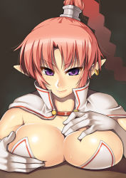 Rule 34 | 1990s (style), 1girl, bad id, bad pixiv id, braid, breast rest, breasts, cape, chrono (series), chrono trigger, cleavage, earrings, flea (chrono trigger), genderswap, genderswap (mtf), gloves, jewelry, large breasts, long hair, nagase haruhito, pointy ears, purple eyes, red hair, single braid, smile, solo, square enix, sweat