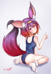 Rule 34 | 1girl, absurdres, animal ear fluff, animal ears, blush, boppin, breasts, eyes visible through hair, fox ears, fox girl, fox shadow puppet, fox tail, from behind, hatsuse izuna, highres, looking at viewer, looking back, medium hair, multicolored hair, \n/, no game no life, no shoes, orange hair, pink eyes, pink hair, purple hair, school swimsuit, signature, simple background, sitting, small breasts, socks, soles, solo, swimsuit, tail, wariza, white socks