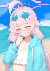 Rule 34 | 1girl, ^ ^, absurdres, ahoge, beach, bikini, blue archive, blue jacket, blue sky, blurry, blurry background, blush, breasts, closed eyes, collarbone, crossed bangs, eyewear on head, facing viewer, female focus, finger to face, frilled bikini top, genso (thereisnosauce), hair between eyes, hair flaps, hair ornament, halo, hand up, highres, hoshino (blue archive), hoshino (swimsuit) (blue archive), huge ahoge, jacket, long sleeves, low twintails, no heterochromia, official alternate costume, official alternate hairstyle, open clothes, open jacket, open mouth, outdoors, pink hair, pink halo, puffy long sleeves, puffy sleeves, sky, small breasts, smile, solo, swimsuit, twintails, upper body, white-framed eyewear, white bikini