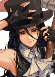 Rule 34 | 1other, adjusting clothes, adjusting headwear, ascot, black gloves, black hair, black hat, commentary, fingerless gloves, gloves, guilty gear, guilty gear strive, hat, highres, holding, holding weapon, long hair, looking at viewer, orange eyes, other focus, scythe, testament (guilty gear), top hat, weapon, white ascot, yora