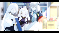 Rule 34 | 1boy, 3girls, animal ears, azusa (blue archive), bag, black gloves, blue archive, can, coat, demon girl, drink can, finger to mouth, gloves, green gloves, grey hair, hair ornament, hairclip, halo, highres, hina (blue archive), long hair, monster energy, multiple girls, office, paper bag, qtwz, sensei (blue archive), shiroko (blue archive), shushing, single glove, soda can, unworn coat, white hair, wolf ears, wolf girl