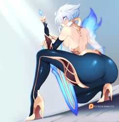 Rule 34 | 1girl, arched back, ass, back, backless outfit, bare back, blue eyes, bodysuit, breasts, cameltoe, full body, glowing, glowing eyes, high heels, huge ass, league of legends, looking at viewer, nanoless, nipples, riven (league of legends), sideboob, skin tight, smile, solo, sword, watermark, weapon, white hair
