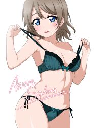Rule 34 | 1girl, absurdres, artist name, azuresakura, blue eyes, breasts, grey hair, highres, large breasts, looking at viewer, love live!, love live! sunshine!!, navel, open mouth, panties, short hair, simple background, solo, standing, stomach, underwear, underwear only, watanabe you, white background