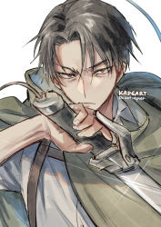 Rule 34 | 1boy, arms up, artist name, black hair, blade, cloak, closed eyes, commentary, forehead, green cloak, handle, holding, holding weapon, hood, hood down, kadeart, levi (shingeki no kyojin), looking at viewer, male focus, parted bangs, shine, shingeki no kyojin, shirt, short hair, simple background, solo, strap, upper body, v-shaped eyebrows, weapon, white background, white shirt